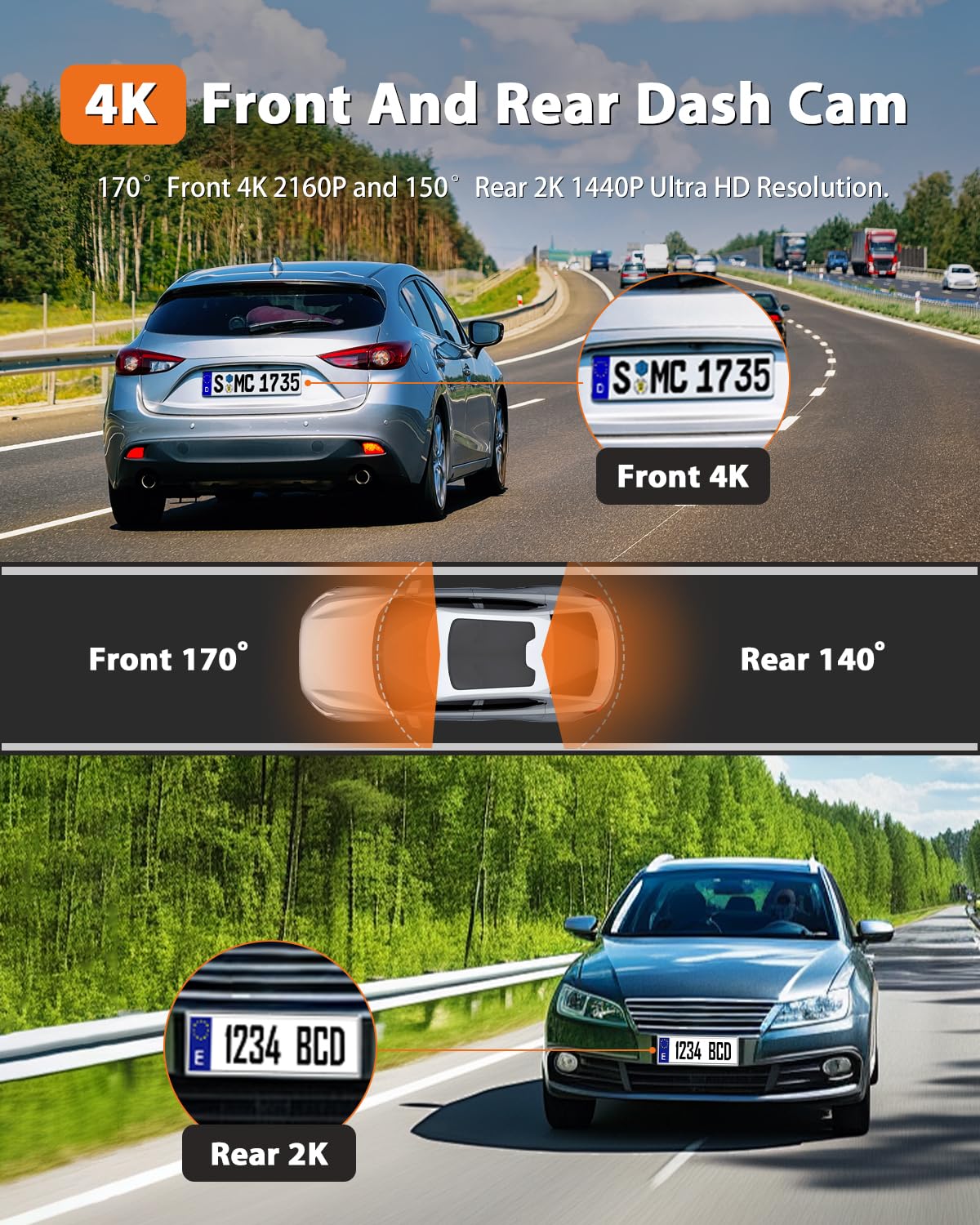 Camblo 4K+2K Dash Cam Front And Rear,3.2'' Ips Full Screen Dual Dash Camera For Cars,Free 64G Card,5G Wi Fi App Control,Hdr Ning